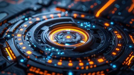 A close-up of a high-tech gadget with a sleek design and illuminated interface. The high-resolution image captures the intricate details and precise craftsmanship, with shadows enhancing the overall