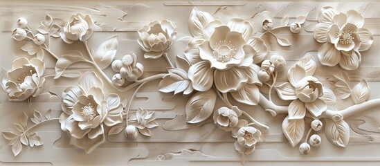 Beautiful flower 3d relief wallpaper. Mural wallpaper. Wall art. AI generated illustration.