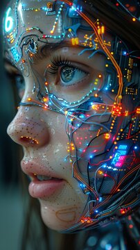 a photo of woman cyborg, fullshot, robot head have a lot of cables and wires, robot head have intricate structure, various colors is being painted, upperbody, european, photograph like passports, ecce