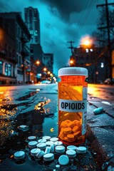 Bottle labeled "OPIOIDS" on street at night, opioid pills laying in a puddle symbolizing opioid crisis