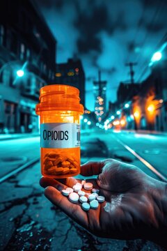 Opioid balanced precariously on a finger symbolizing the risk involved with opioid medication