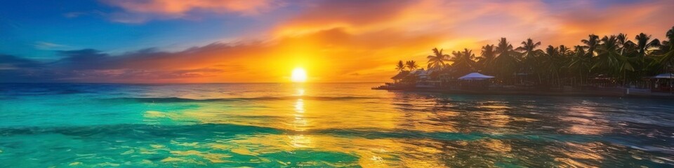 This abstract background captures the breathtaking beauty of a tropical sea sunset, where vibrant hues of orange and pink melt into the tranquil blue waters.