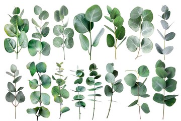 Set of types of aromatic and slender eucalyptus leaves. Generative Ai
