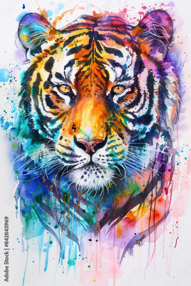 Wall mural alcohol ink colorful tiger Watercolor portrait white background 