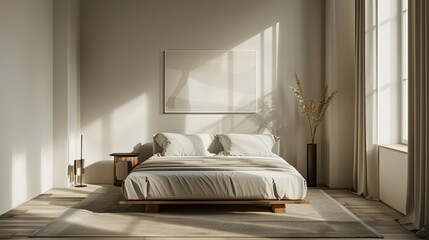 Elegant minimalist bedroom with a bed, a single piece of abstract art, and a small table.