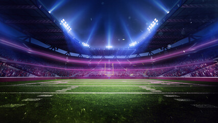 Aerial view of 3D render American football, soccer stadium with blurred tribunes with fans, empty arena in neon light. Open air match. Professional sport, event, tournament, game, championship concept © master1305