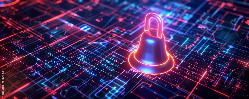 Poster digital security lock on neon circuit board, futuristic cyber technology concept