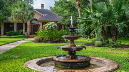 Green front lawn with a small water fountain and a beautiful house entrance.