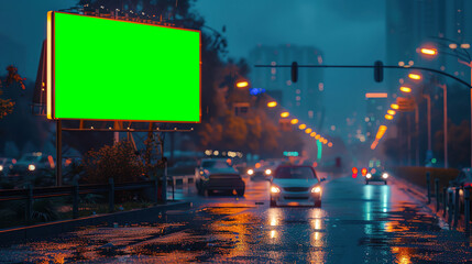 Hyperrealistic 3D billboard mockup in a busy urban environment, stunning visual impact, night scene with neon lights, Copy space with green advertising billboard