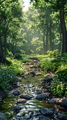 Obraz premium A tranquil forest glade with a stream, realistic.