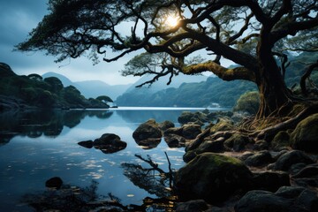 Lunar light reflecting on serene volcanic lake., generative IA