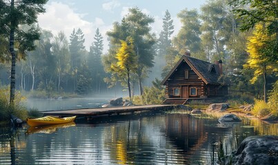 Obraz premium A tranquil lakeside retreat with a cozy cabin, a wooden dock, and kayaks floating on the water. Realistic.