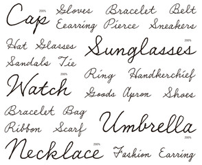 色々な種類の身につける物（ファッション雑貨・服飾品）の名称の筆記体の飾り英字