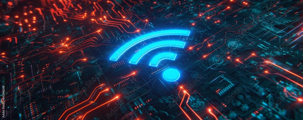 Aufkleber wifi symbol on illuminated digital circuit board, futuristic technology concept