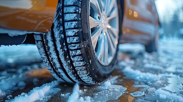 Car wheel with winter tires in snowy forest clearing, ideal for winter driving conditions