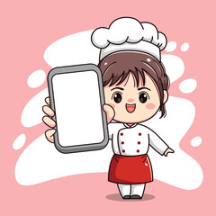 Cute chef girl character with showing smartphone