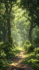 Obraz premium An enchanting forest with towering trees, dappled sunlight, and hidden pathways, realistic.