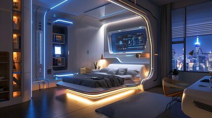 Futuristic Smart Bed with Adjustable Lighting and Climate Control in a Modern Bedroom