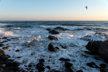 View of the surf on the rocky seaside after sunrise