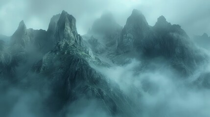 Misty mountains with layers of fog, creating a mystical and serene atmosphere