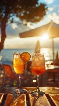Medium length shot of cocktails Bellini, Rossini and Sangria, Italian summer atmosphere, Italian summer, seaside view, sunlight, 35mm kodachrome, intersting light, a medium length shot 