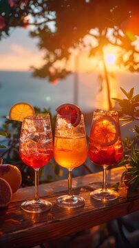 Medium length shot of cocktails Bellini, Rossini and Sangria, Italian summer atmosphere, Italian summer, seaside view, sunlight, 35mm kodachrome, intersting light, a medium length shot 