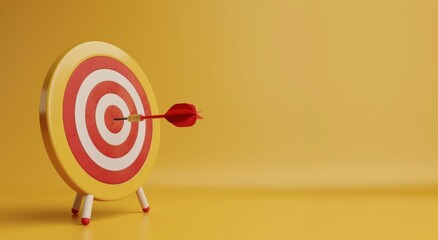 A vibrant red and white target with an arrow hitting the bullseye on a bright yellow background, symbolizing precision and success.