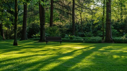 Fototapeta premium Serene green front lawn with a wooden bench and tall trees providing shade.