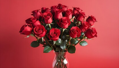 Bouquet of red roses in vase. Beautiful floral arrangement for a romantic gift.