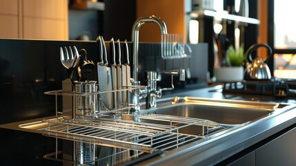 Stylish kitchen featuring a sleek dish rack and a matching utensil holder, both organized.