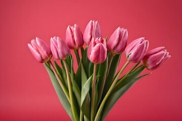 Pink tulips in a vase. Beautiful floral arrangement for a romantic gift. Symbol of love and beauty.