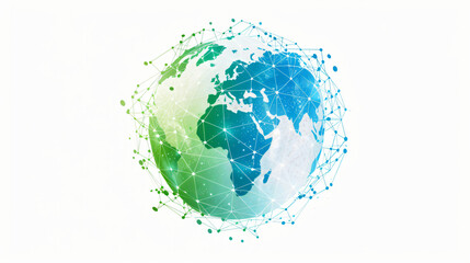 Stylized digital globe logo, featuring interconnected lines and dots to symbolize global connectivity and advanced technology, in cybernetic blue and digital green colors, white background