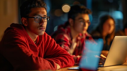Obraz premium Young Black Woman with a Laptop Computer Studying in a University with Diverse Classmates. Applying her Knowledge in Class to Acquire Academic Skills.