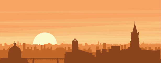 Brown panoramic poster of the city skyline with misty background buildings, sunrise, clouds and mountains of TOULOUSE, FRANCE