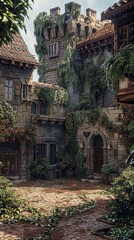 Fototapeta premium A medieval castle courtyard, realistic.