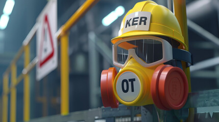 Fototapeta premium Yellow industrial safety helmet equipped with a respirator mask, hanging in a factory setting, symbolizing workplace safety.