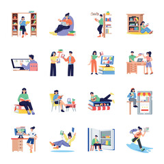 Collection of Book Reading Flat Style Illustrations 

