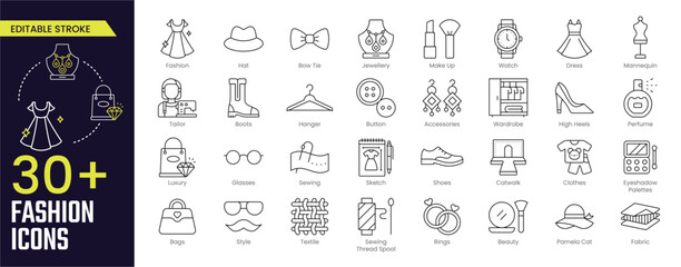 Fashion Stroke icon collections. Containing tailor, accessories, dress, sewing, fabric, clothes, shoes and beauty icons. Stroke icon collection Outline icon