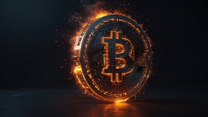 A glowing Bitcoin symbol made of orange fire.