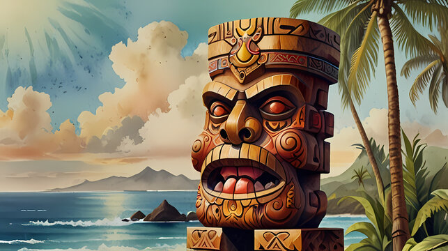 Watercolor painting of Hawaiian tiki statue