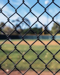 Naklejka premium A view of a baseball diamond behind the fench with the chains links in focus.