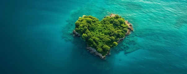 Heart-shaped island in clear blue sea, aerial view. Nature and romance concept