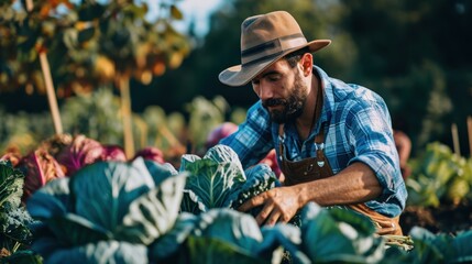man farmer with fresh vegetables, cabbage harvest, natural selection, organic, harvest season, agricultural business owner, young smart framing, healthy lifestyle, farm and garden direct, non toxic