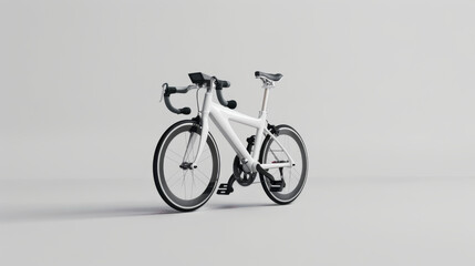 Sleek white road bicycle with black accents against a minimalist grey background, highlighting modern design and cycling enthusiasts.