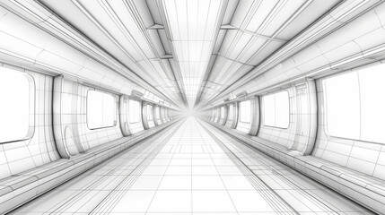 A detailed wireframe drawing of a futuristic train interior, emphasizing symmetrical design and advanced transportation concepts.