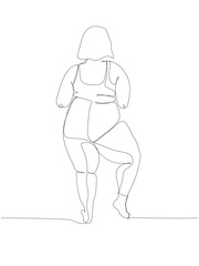 extremely obese woman one line art. Continuous line drawing of body positive, overweight, plus size model, XL, health, fashion, self acceptance.