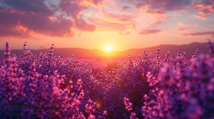 A field of lavender flowers with a beautiful sunset in the background. 