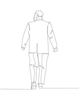 recommend clip art: chubby man in elegant suit, rear view one line art. Continuous line drawing of body positive, overweight, plus size model, XL, health, fashion, self acceptance.