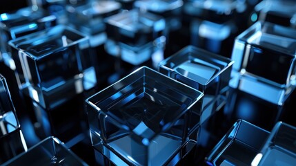 3d abstract modern blue glass cubes on black background, geometric background, transparent cubes