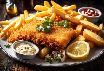 crispy fish chips british pub food fried seafood potato traditional fish dish, plate, fries, crunchy, meal, restaurant, delicious, snack, crust, crispiness, bar
